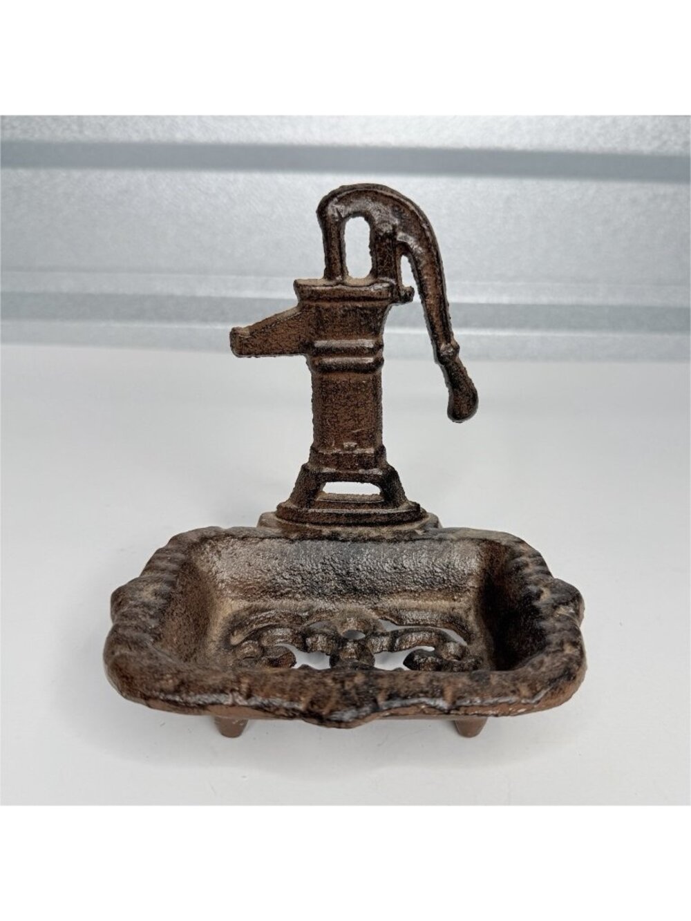 Cast Iron Water Pump Soap Dish Rustic Farmhouse Brown Footed Vintage Style